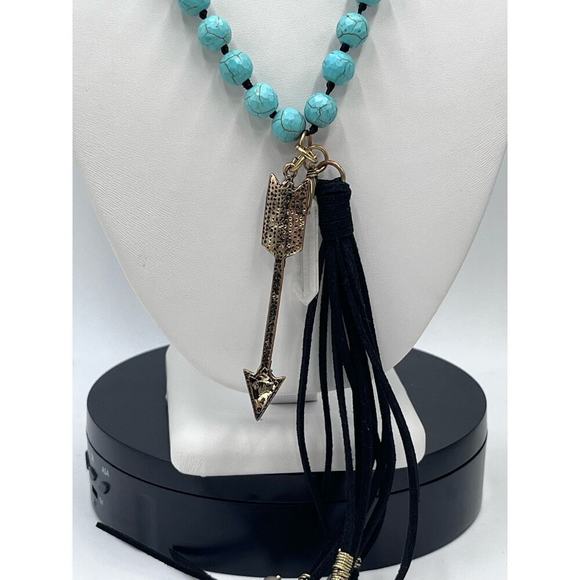 Jane Marie Hand Knotted Black leather Tassel Blue Faux Turquoise Arrow Pendant - Picture 9 of 15
